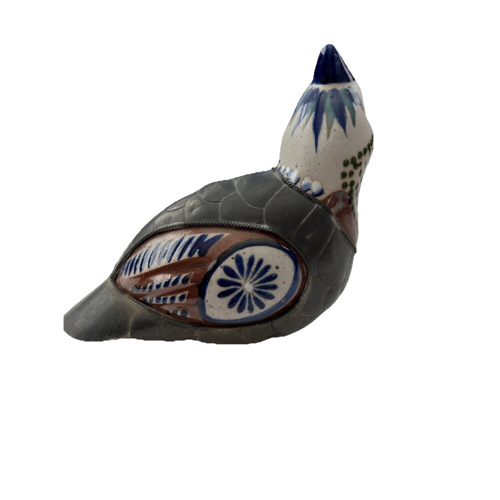 Mexican Folk Art Bird Figurine Armored Brass & Ceramic 6" Hand Painted Vtg. - Picture 4 of 7